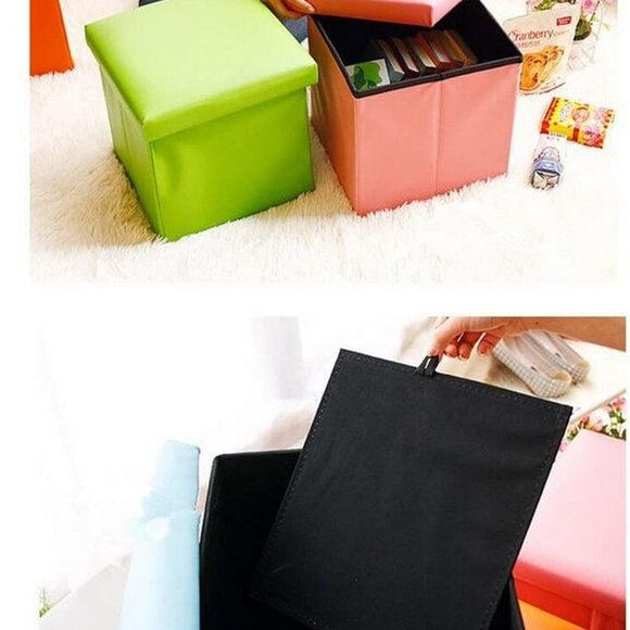 Green Small Faux Leather Folding Ottoman Cube Organizer Storage 12"x12"x12" - Picture 3 of 8